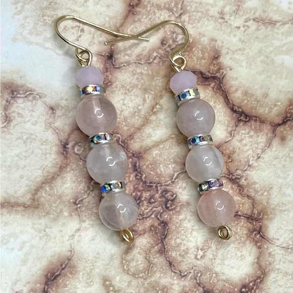 Rose Quartz & Crystal Beaded long Earrings - Picture 4 of 4